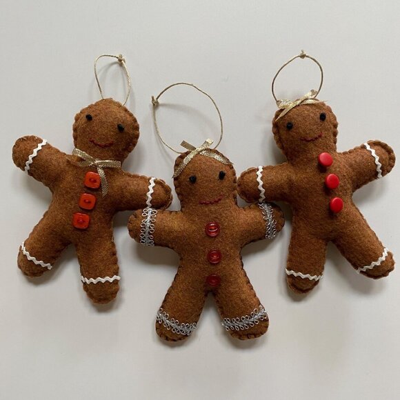 Gingerbread Man Christmas Tree Ornaments Handmade Felt Hand Stitched - Picture 1 of 5